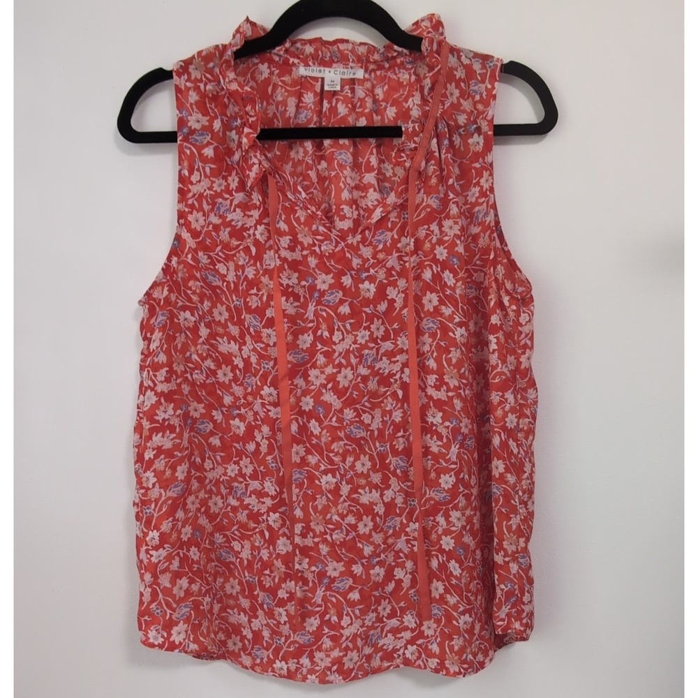 Violet + Claire Orange Floral Sleeveless Ruffle Tie V-Neck Blouse M
